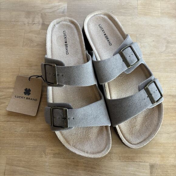 Lucky Brand Other - LUCKY BRAND Cork Comfort Slide Suede Sandals Strap Buckle Slip On Gray Sz 9 M US